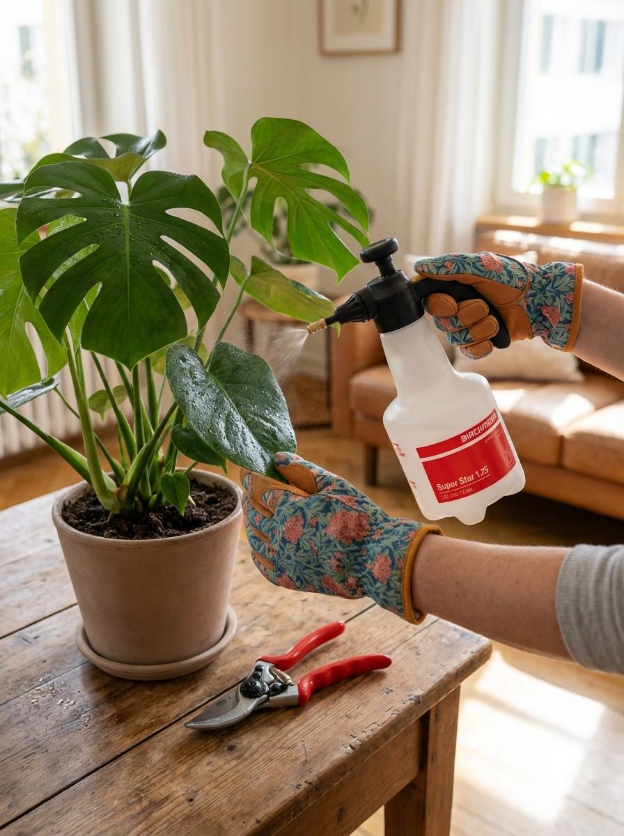 somena: Eine Person besprüht mit blumengemusterten Handschuhen eine große Monstera-Pflanze in einem Terrakottatopf mit Wasser aus einer weißen Sprühflasche. Auf dem rustikalen Holztisch daneben liegt eine rote Gartenschere.