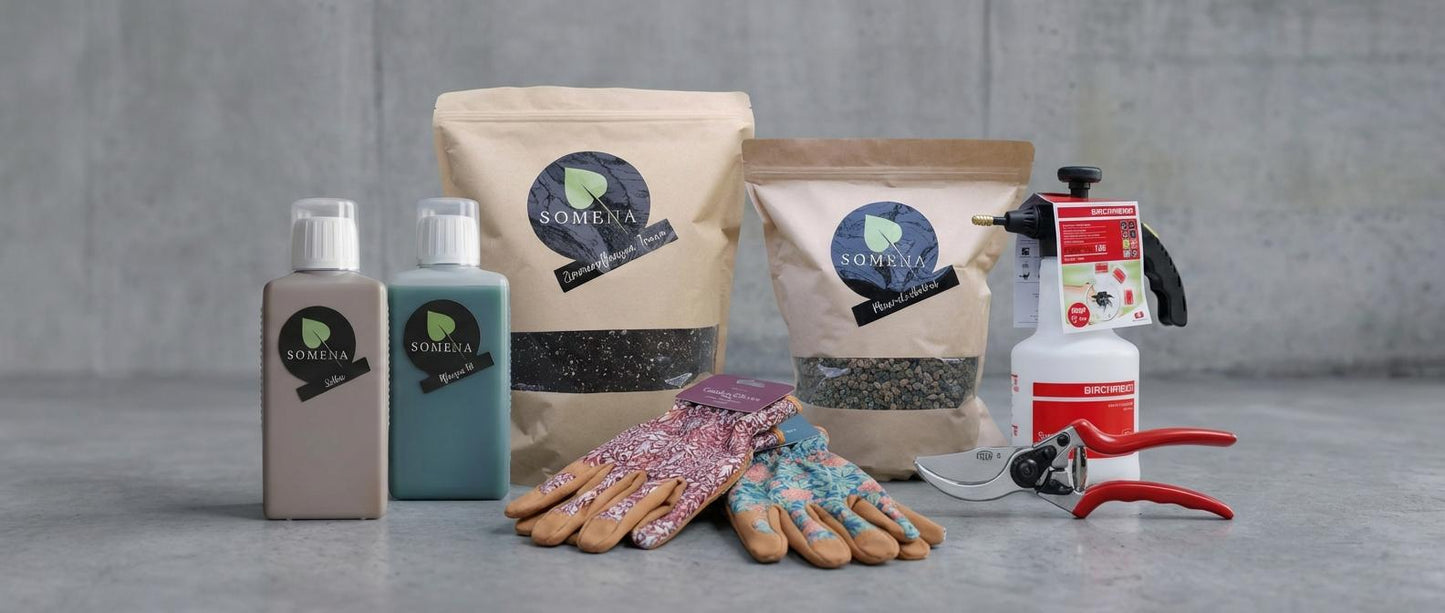 Somena Gartenprodukte-Set mit zwei braunen Granulatbeuteln, zwei Somena Flüssigdüngerflaschen in Beige und Türkis, einem Paar floral gemusterter Gartenhandschuhe, einer weißen Sprühflasche und einer roten Gartenschere auf grauem Hintergrund.