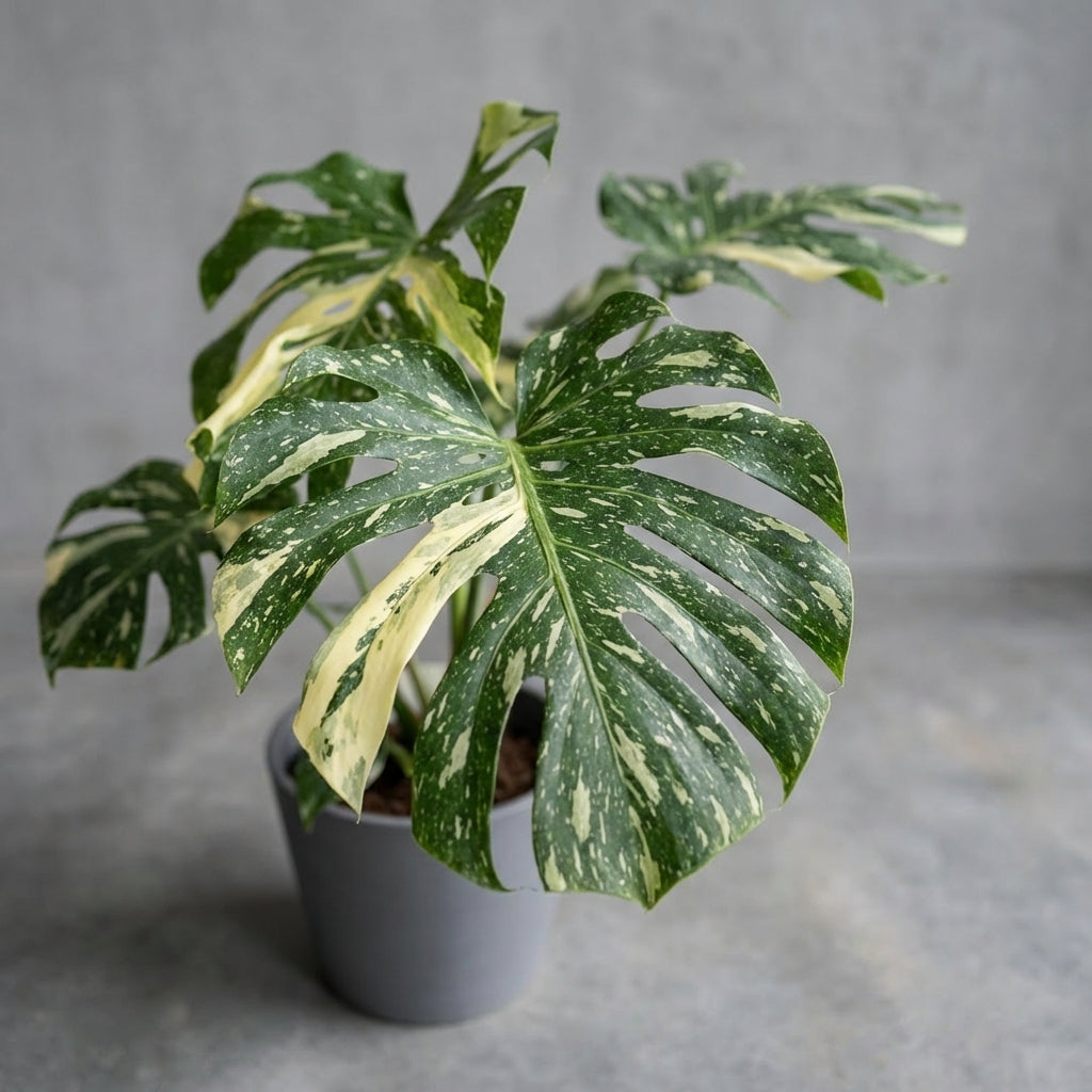 Die Monstera Thai Constellation ist eine spektakuläre Zuchtform der klassischen Fensterblatt-Pflanze. Ihr besonderes Merkmal ist die stabile, cremeweiße bis gelbliche Panaschierung, die sich wie ein Sternenhimmel über die großen, geschlitzten Blätter zieht. Jedes Blatt ist ein Unikat. Im Gegensatz zur Monstera Variegata vergrünt die Thai Constellation nicht und behält ihre faszinierende Musterung dauerhaft bei. Sie steht hier in einem schlichten, modernen grauen Topf, der ihre Eleganz unterstreicht.