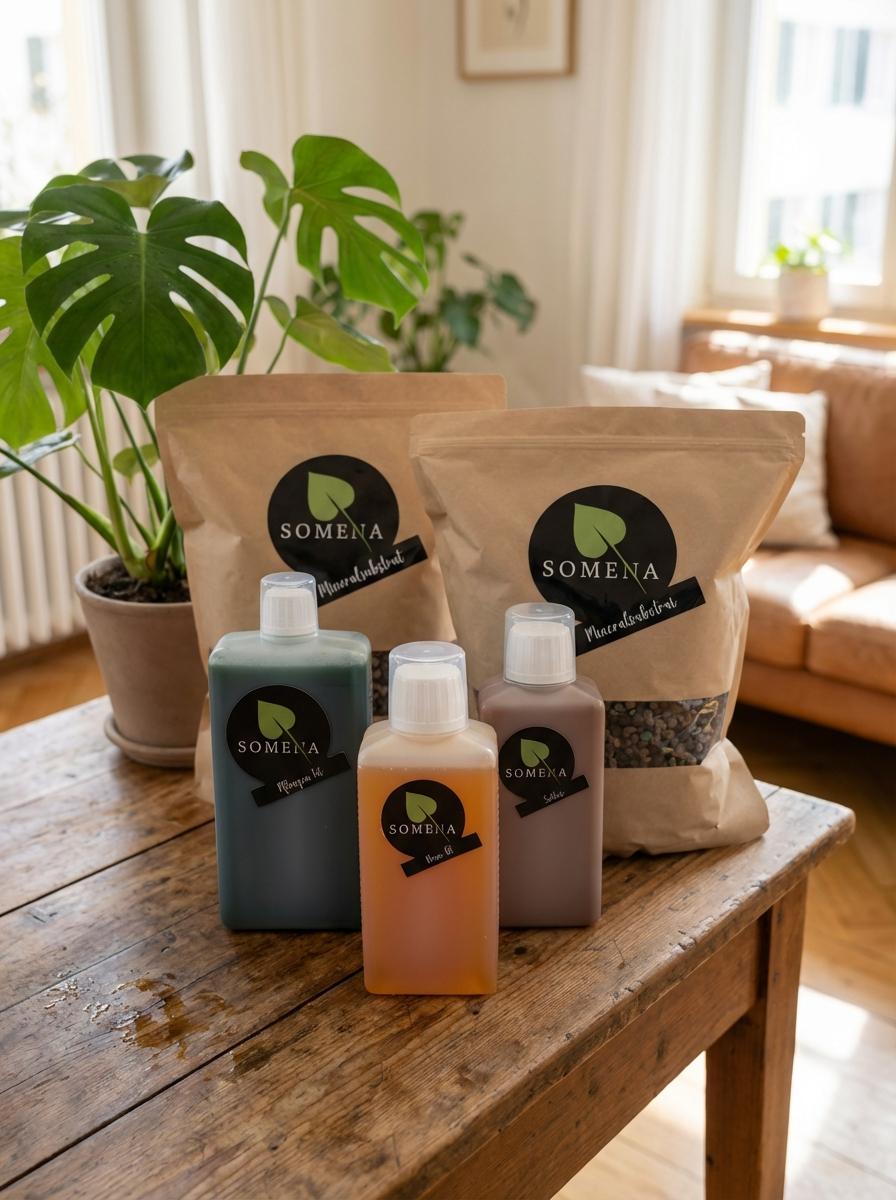 Somena Produkte auf einem rustikalen Holztisch: Drei rechteckige Flaschen mit dunkelgrünem Pflanzen-Fit, orangefarbenem Algen Öl und beigem Salbei. Dahinter stehen zwei Packungen somena Mineralsubstrat, eine davon zeigt kleine dunkle Kiesel. Alle somena Artikel tragen ein schwarzes Etikett mit grünem Blatt-Logo. Im Hintergrund ist eine große Monstera-Pflanze in einem Topf zu sehen.