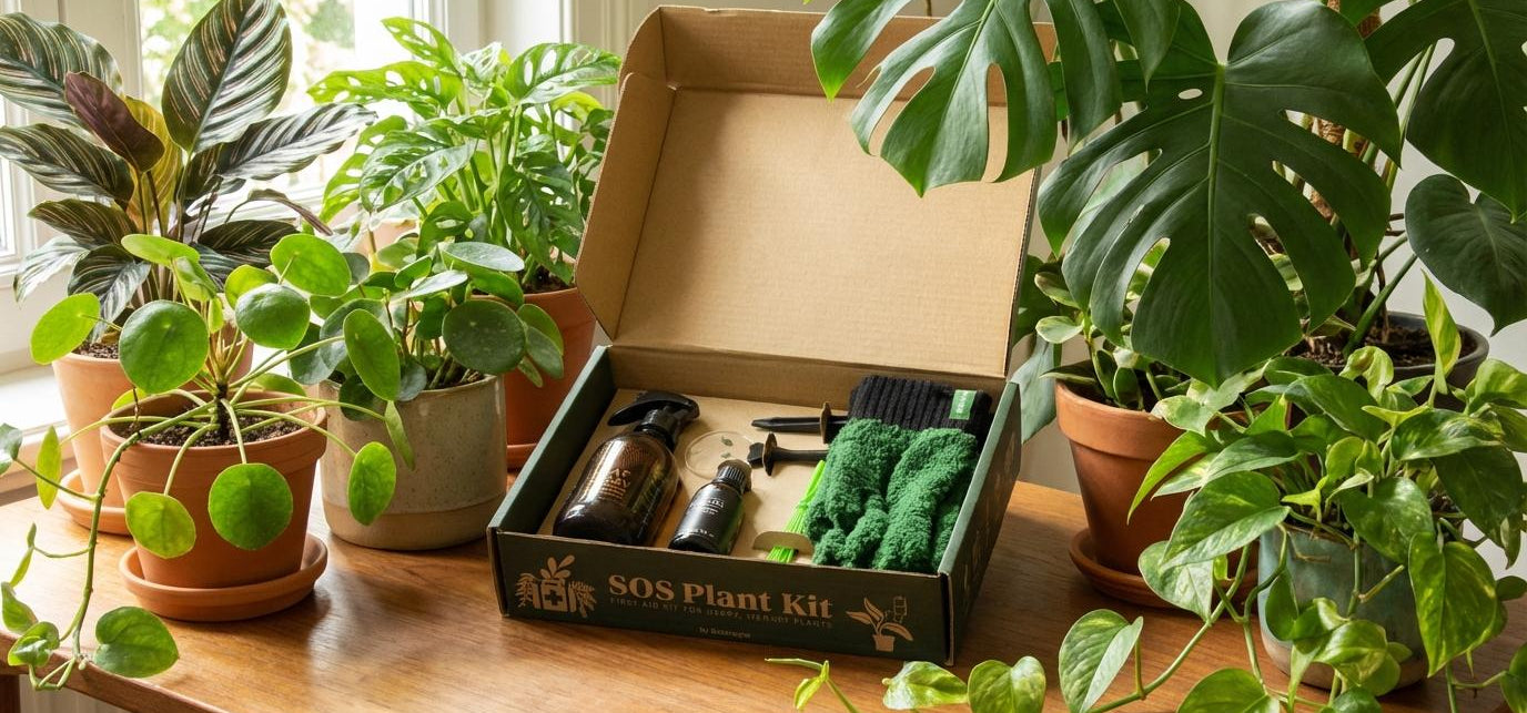 Ein somena SOS Pflanzenpflegeset in einer geöffneten Kartonbox steht auf einem Holztisch, umgeben von verschiedenen Zimmerpflanzen. Im Set sind eine Sprühflasche, eine kleine Tropfflasche, grüne Gartenhandschuhe und kleine Gartengeräte zu sehen. Um die Box herum stehen eine gestreifte Calathea, ein runder Pilea, eine durchlöcherte Monstera Adansonii, eine große Monstera Deliciosa und eine Efeutute.